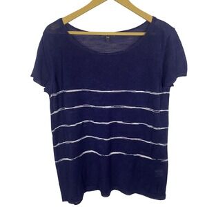 EILEEN FISHER Navy Blue Stripe Organic Linen Knit Sweater Top Size L